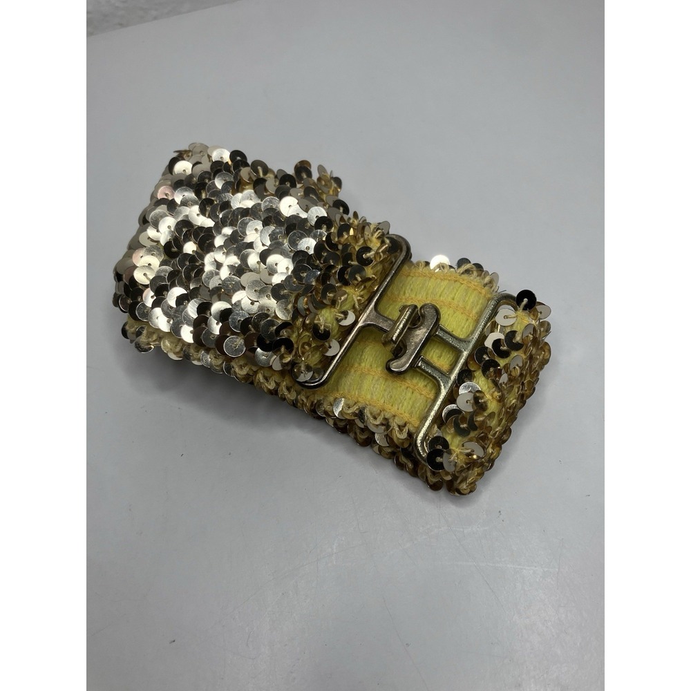 Vintage Gold Sequin Elastic Statement Belt Gold Tone Interlocking Hook & Clasp